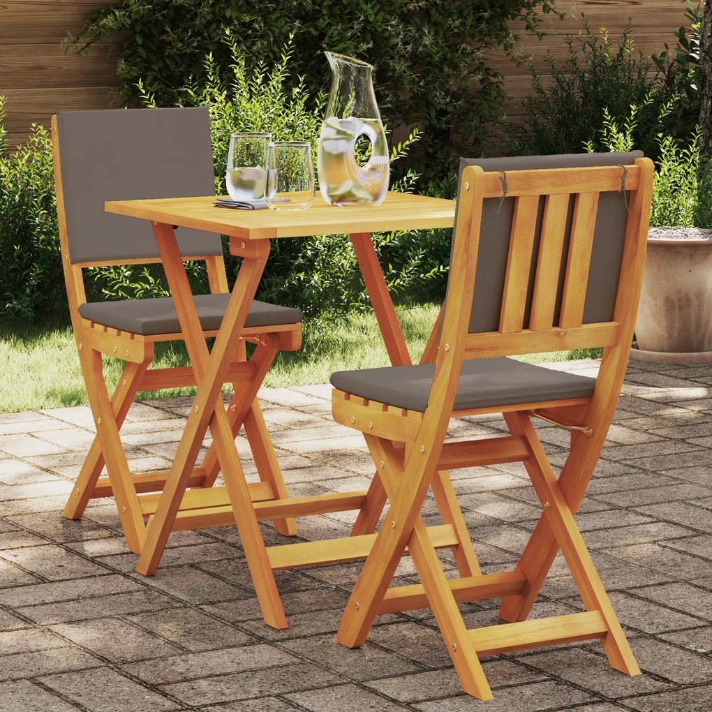 vidaXL Conjunto de Bistro Dobrável de 3 Peças com Almofadas, Madeira de Acácia Sólida
