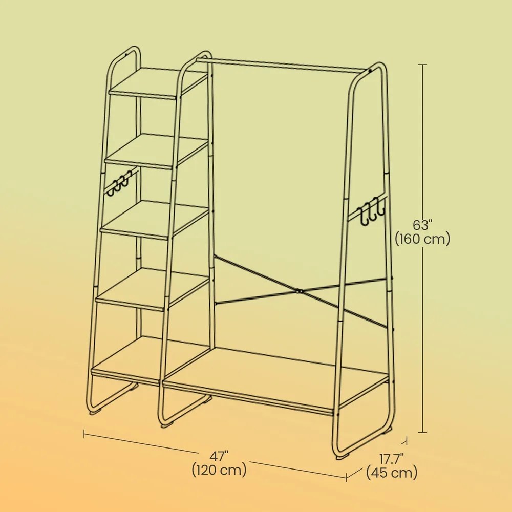 Guarda roupa com 5 prateleiras, 6 ganchos laterais para quarto 45 x 120 x 160 cm cor carvalho-branco