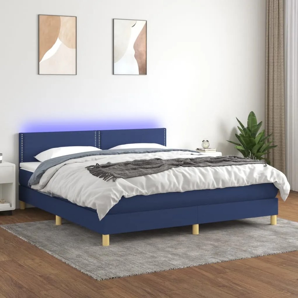 Cama box spring c/ colchão e LED 160x200 cm tecido azul