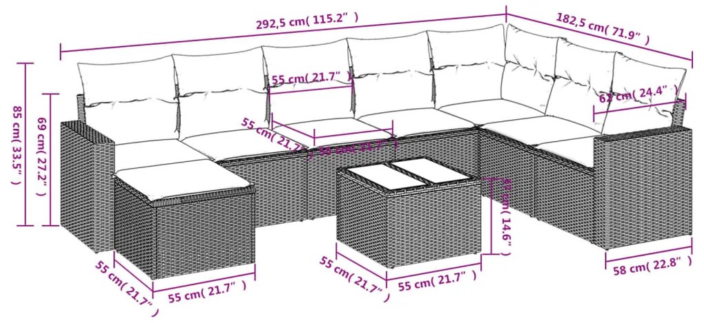 9 pcs conjunto sofás p/ jardim com almofadões vime PE cinzento