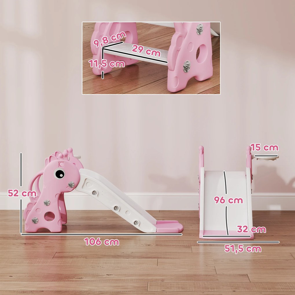 Escorrega infantil 3 em 1 em forma de girafa com cesto de basquetebol, trepa-trepa e bola, 106 x 51,5 x 52 cm, rosa
