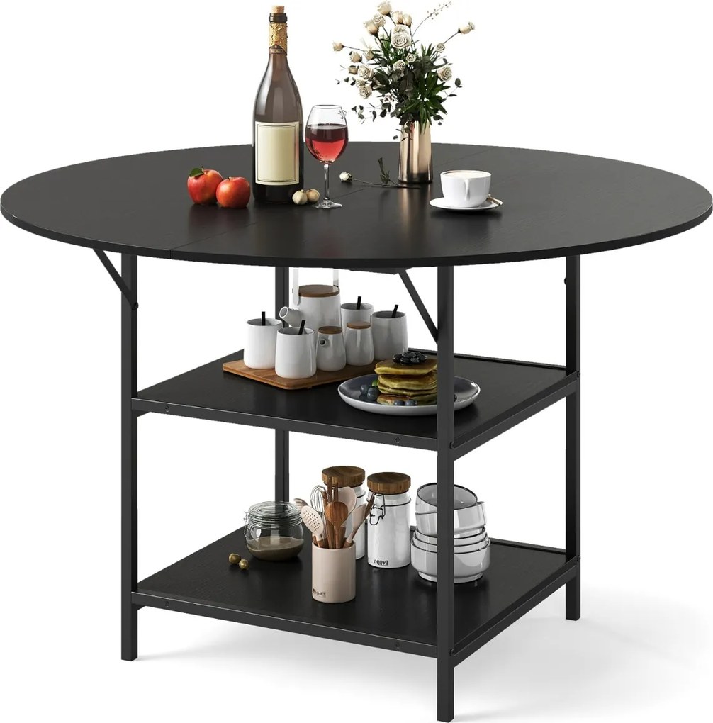 Mesa de Jantar Redonda 120 CM para 4-6 Pessoas de Cozinha Estilo Rústico com Estante Aberta de 2 Níveis Estrutura Metálica Preta