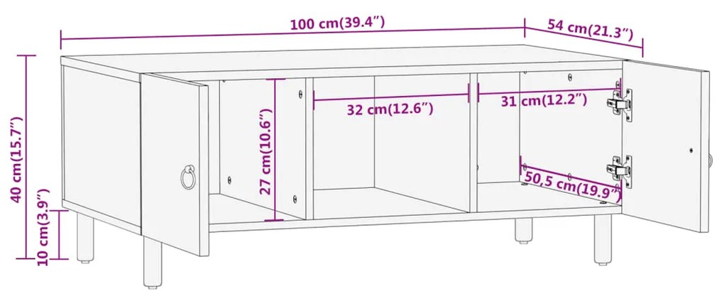 Mesa de centro 100x54x40 cm madeira de mangueira maciça