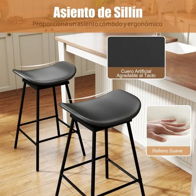 Conjunto de 2 bancos de bar 43 x 45 x 71,5 cm com assento acolchoado e curvado, apoio para os pés e sem encosto para cozinha ou sala de jantar, Preto