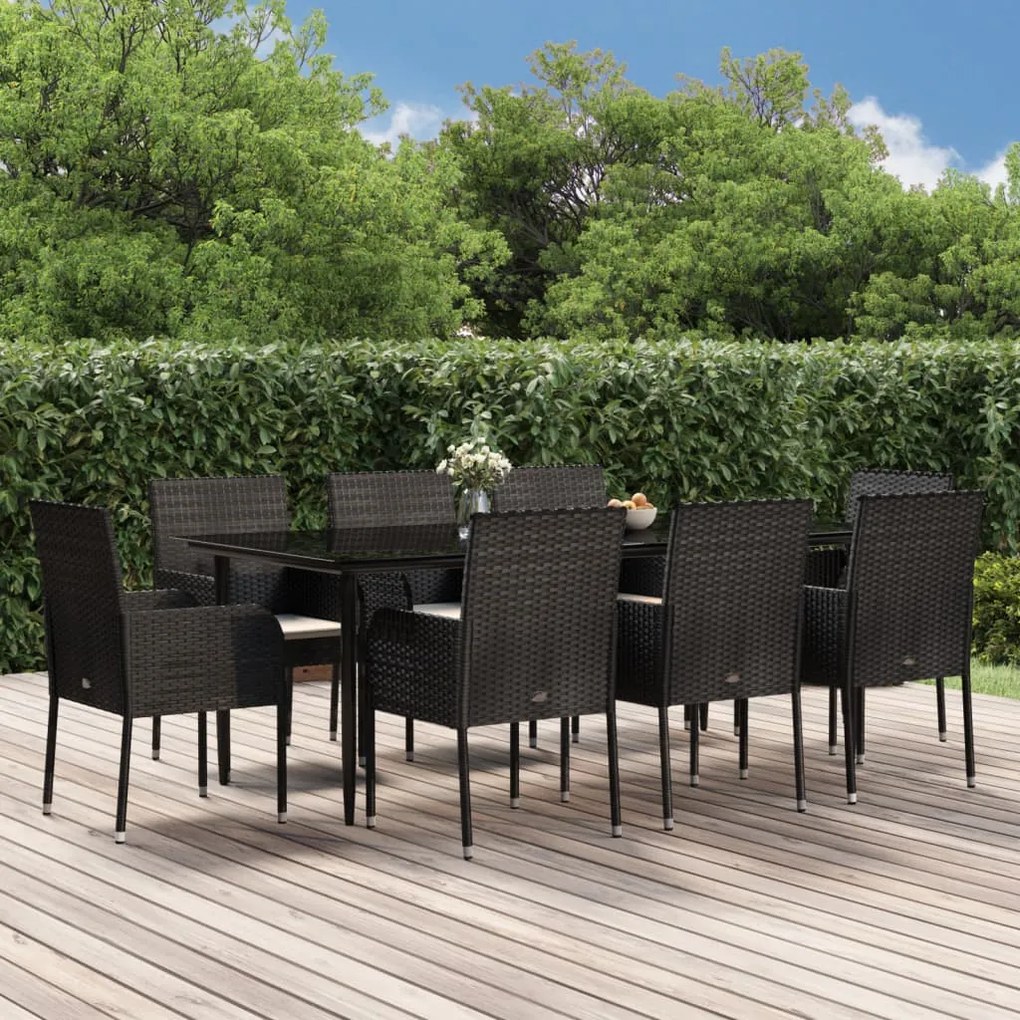 vidaXL 9 pcs conjunto de jantar p/ jardim c/ almofadões vime PE preto