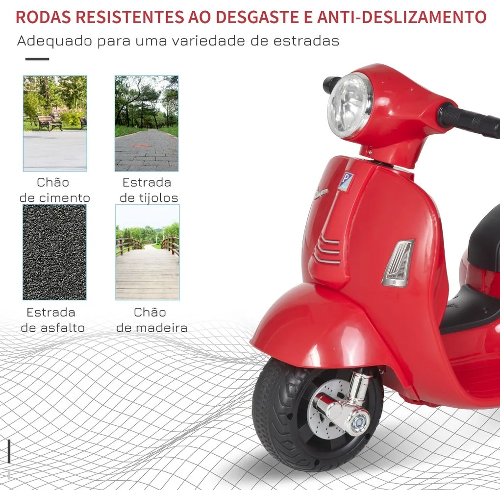 Mota elétrica 6V para crianças 1,5 a 3 anos com licença com faróis buzina e 4 rodas licenciadas 66,5x38x52 cm Vermelho