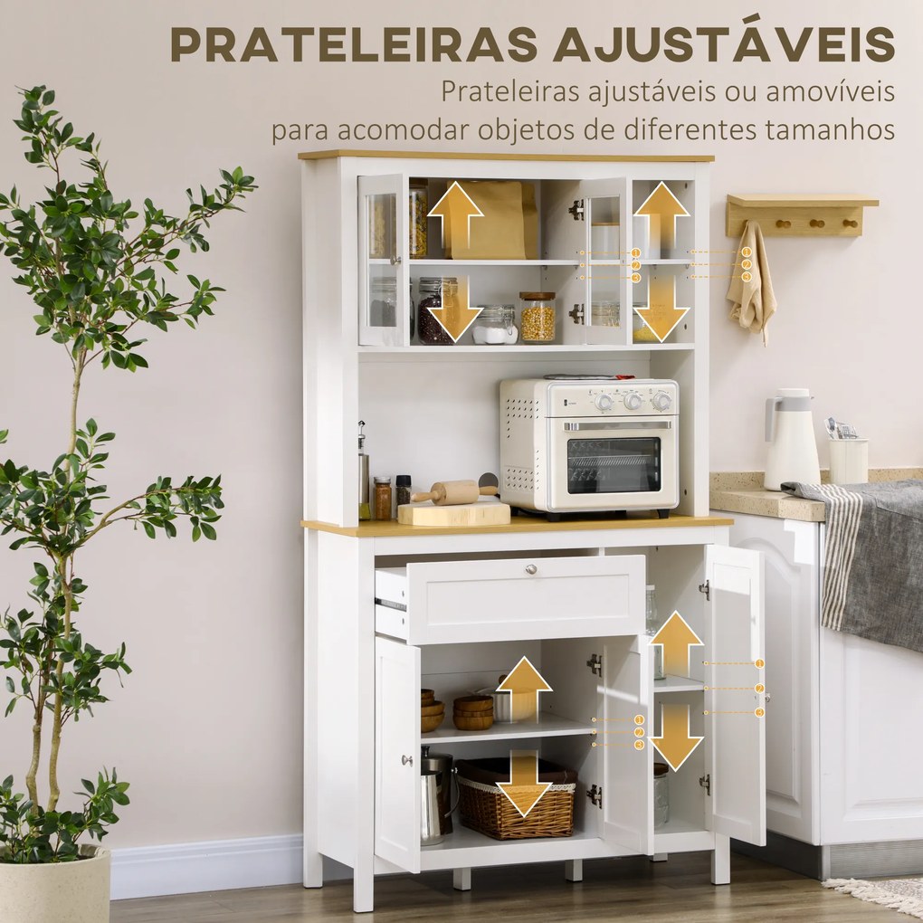 Armário de Arrumação Alto com 5 Portas Prateleiras Ajustáveis para Micro-Ondas 100x40x180 cm Branco e Madeira