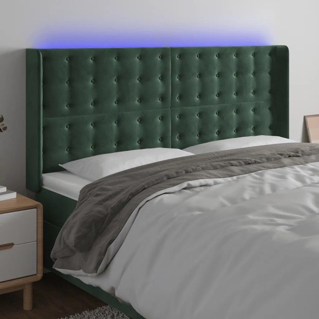 vidaXL Cabeceira de cama c/ LED veludo 203x16x118/128 cm verde-escuro