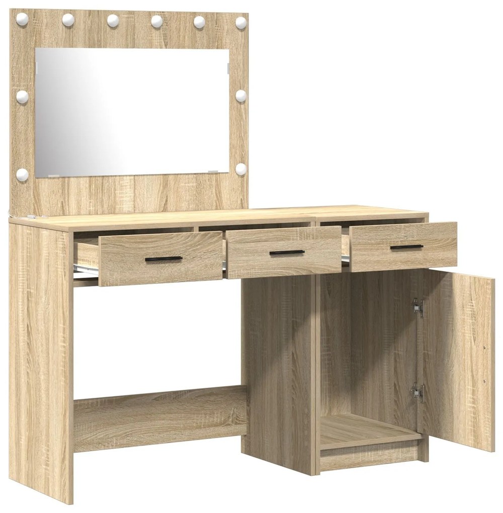 Conjunto de Mesa de Maquilhagem com LED de 2 Peças em Madeira de Carva