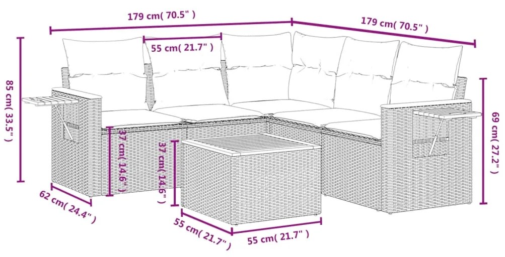 6 pcs conjunto sofás de jardim com almofadões vime cinzento