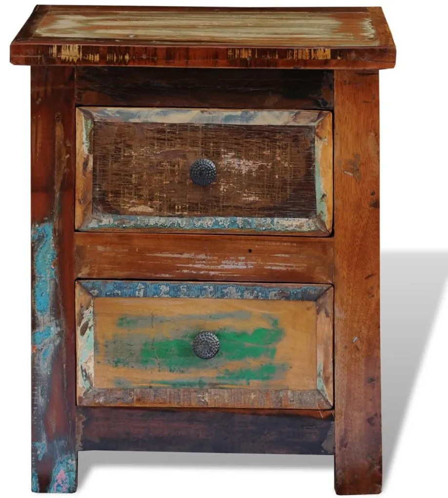 Mesa de cabeceira com 2 gavetas, madeira reciclada maciça