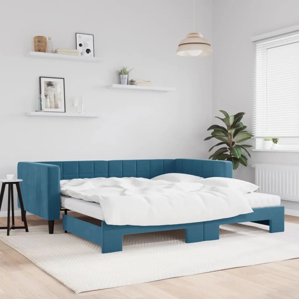 vidaXL Sofá-cama com gavetão e colchões 100x200 cm veludo azul