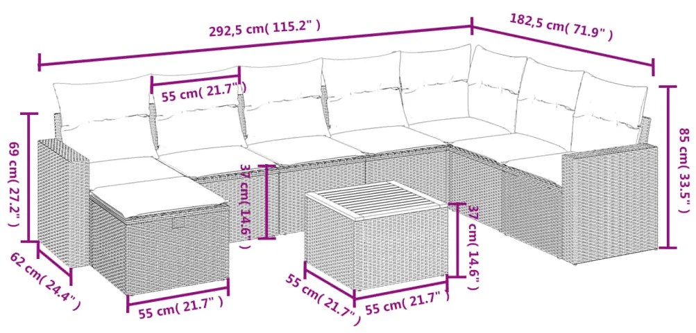 9 pcs conjunto sofás p/ jardim com almofadões vime PE cinzento