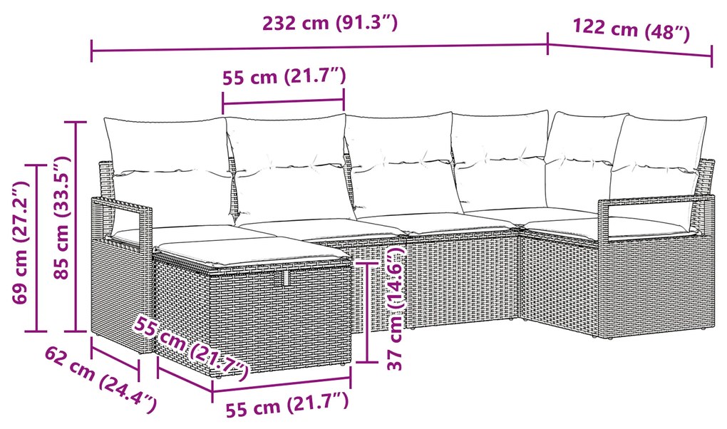 Conjunto de Sofá de Jardim de 6 Peças com Almofadas Cinza Rattan Poli