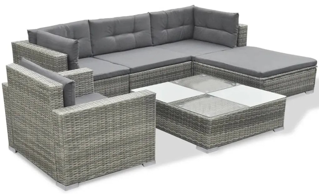 6 pcs conjunto lounge de jardim c/ almofadões vime PE cinzento