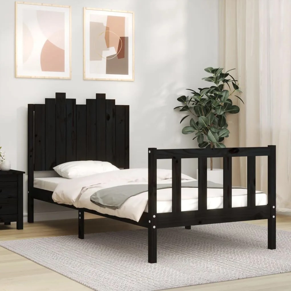 Estrutura de cama com cabeceira 90x190 cm madeira maciça preto