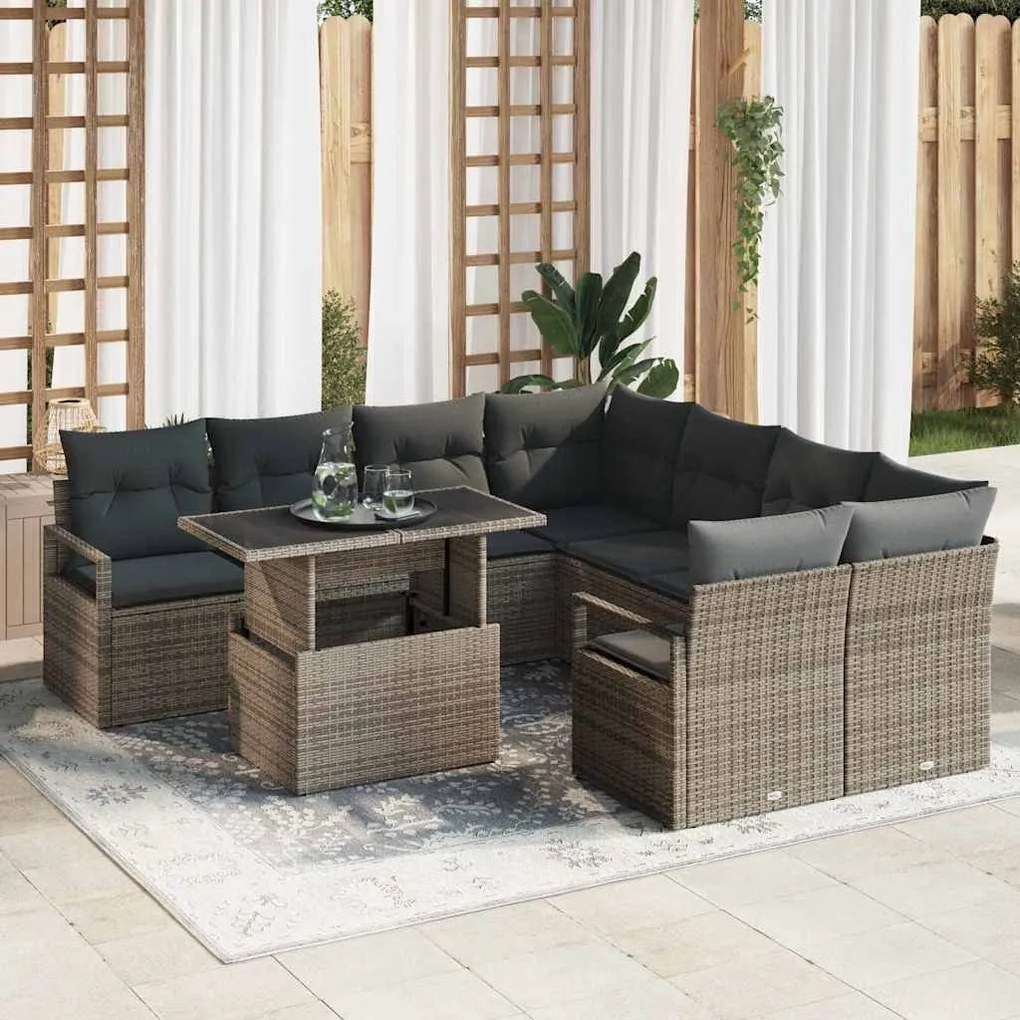 vidaXL Conjunto de Sofá de Jardim com 9 Peças e Almofadas Cinza em Rattan