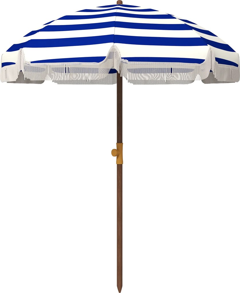 Outsunny Chapéu de Sol de Praia com Franjas Ø190x210 cm com Proteção UV40+ Resistente ao Vento Impermeável Bolsa de Transporte Azul e Branco | Aosom Portugal