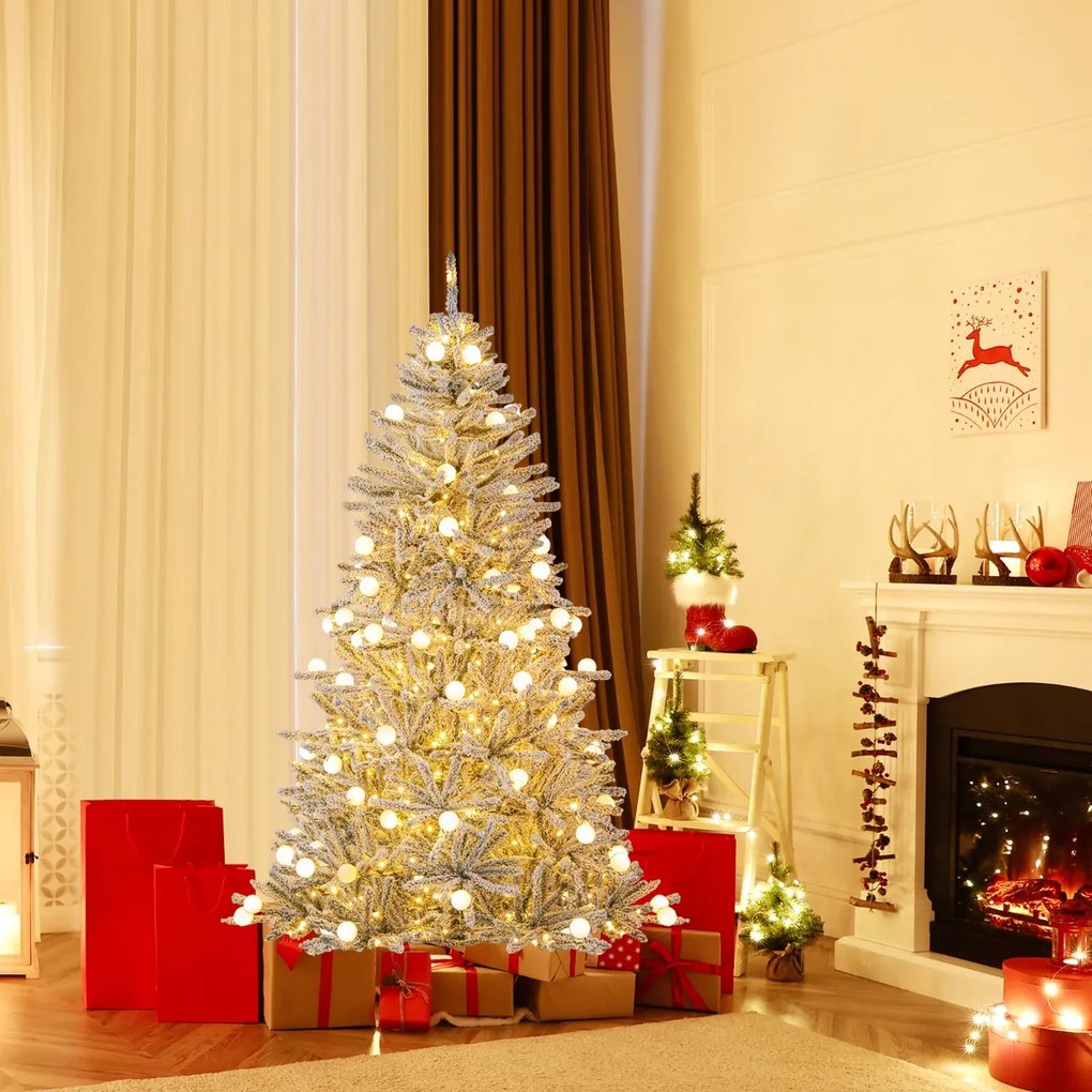 Árvore de Natal artificial nevada de 180 cm com 51 luzes esféricas, 250 luzes LED brancas quentes, 37 pontas de ramos e temporizador prateado