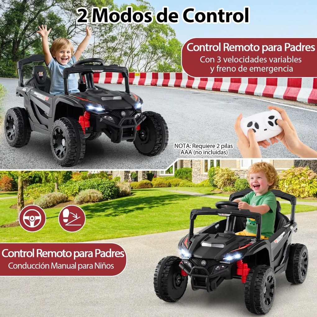 Carro elétrico infantil de 12 V, com comando à distância, 3 velocidades, luzes LED, música, buzina, veículo a bateria para crianças, Preto