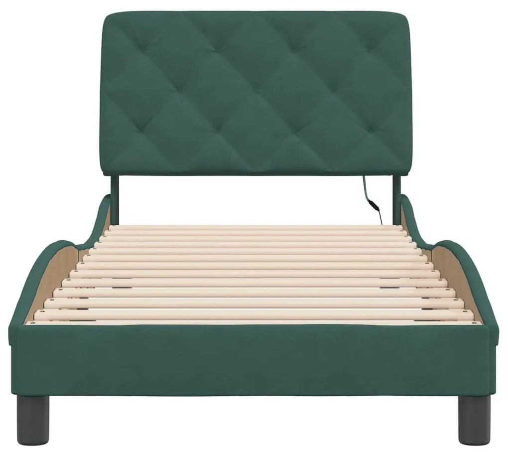 Estrutura de cama c/ luzes LED 90x200 cm veludo verde-escuro