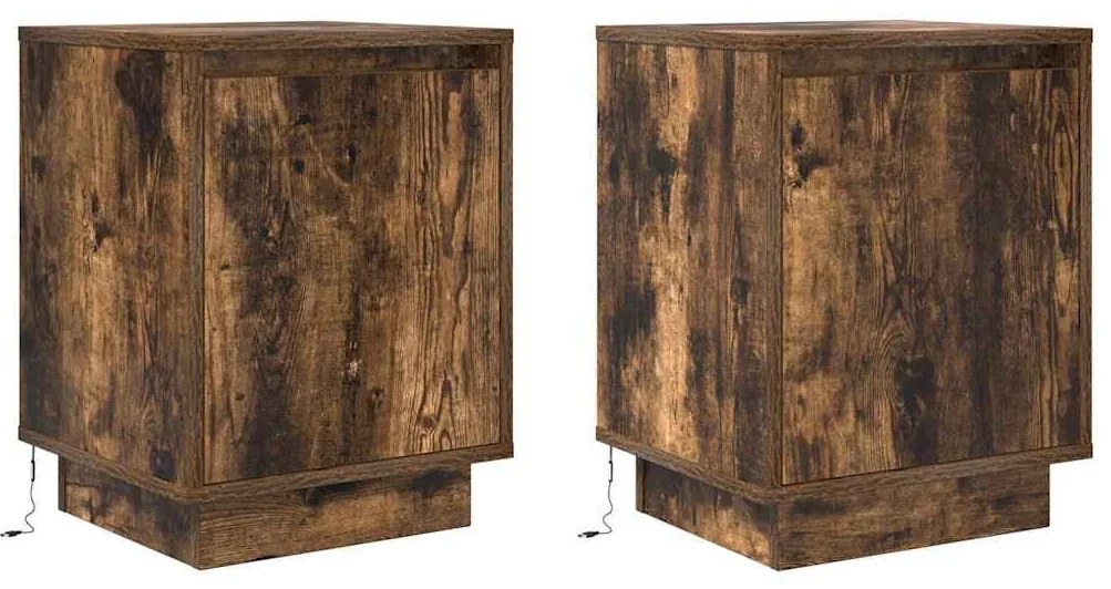 Mesas cabeceira c/ luzes LED 2 pcs 38x34x50 cm carvalho fumado