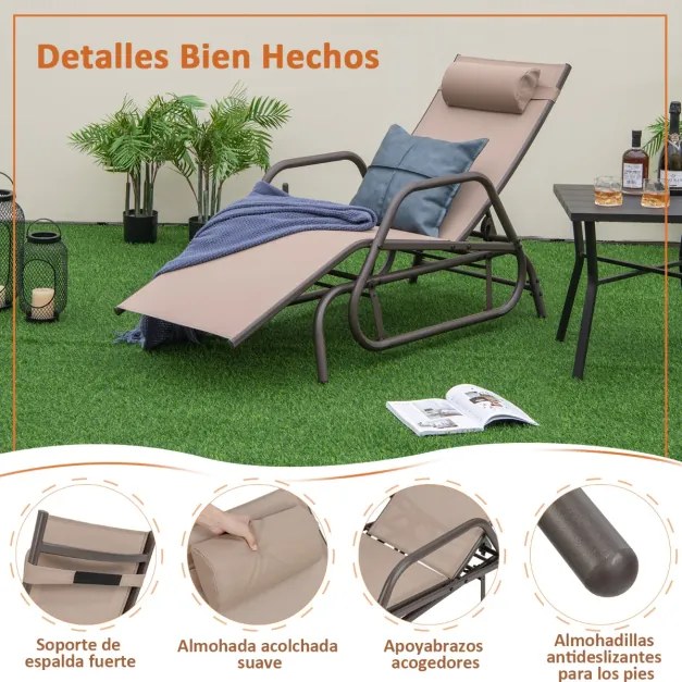 Espreguiçadeira de jardim com baloiço, braços e travesseiro cadeira de balanço encosto ajustável estrutura de metal para piscina de praia 177 x 70 x 1