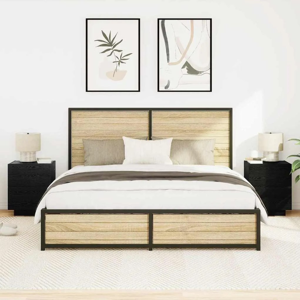 Cômodas de Cabeceira com Luzes LED 2 pcs Carvalho Preto 45x40x55 cm