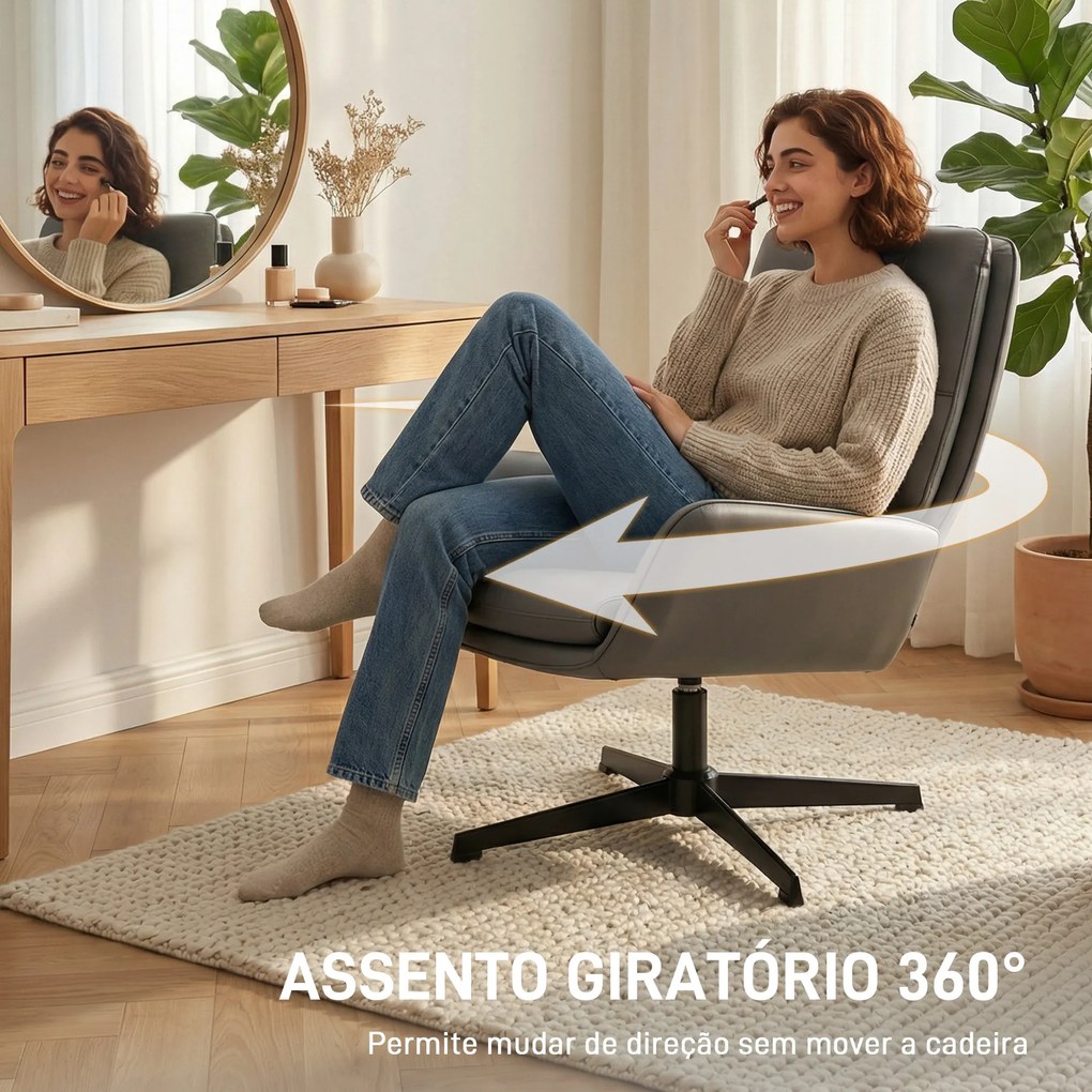 Poltrona de Sala Estofada em PU Poltrona de Leitura com Assento Acolchoado Apoios de Braços Pés Metálicos Cinzento