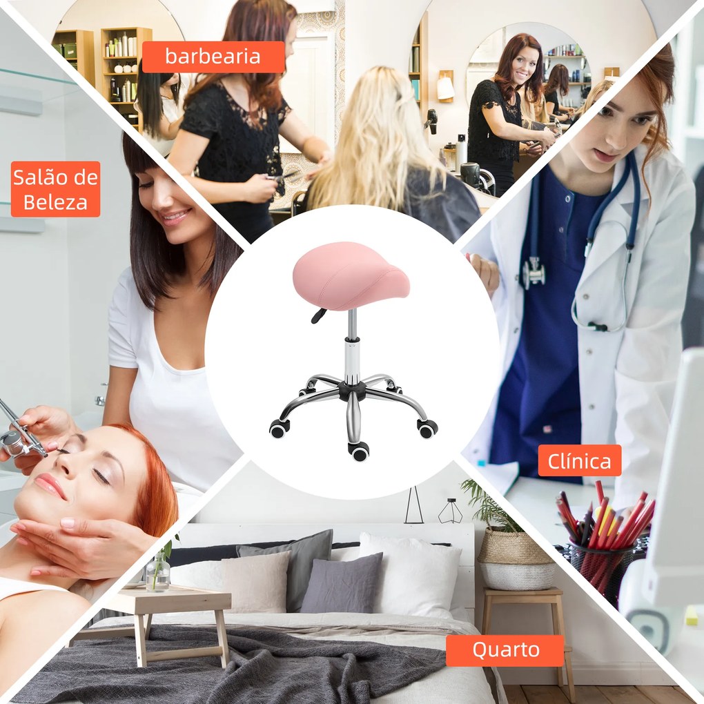 Banco com Rodas Giratório com Altura Ajustável Cosmético Dentista Cabeleireiro 52x53x49-61 cm Rosa