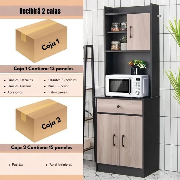 Armário de cozinha alto 60 x 40 x 180 cm, com 2 portas e gaveta, prateleiras ajustáveis e orifício para cabos, espaço para micro-ondas, Preto e castan