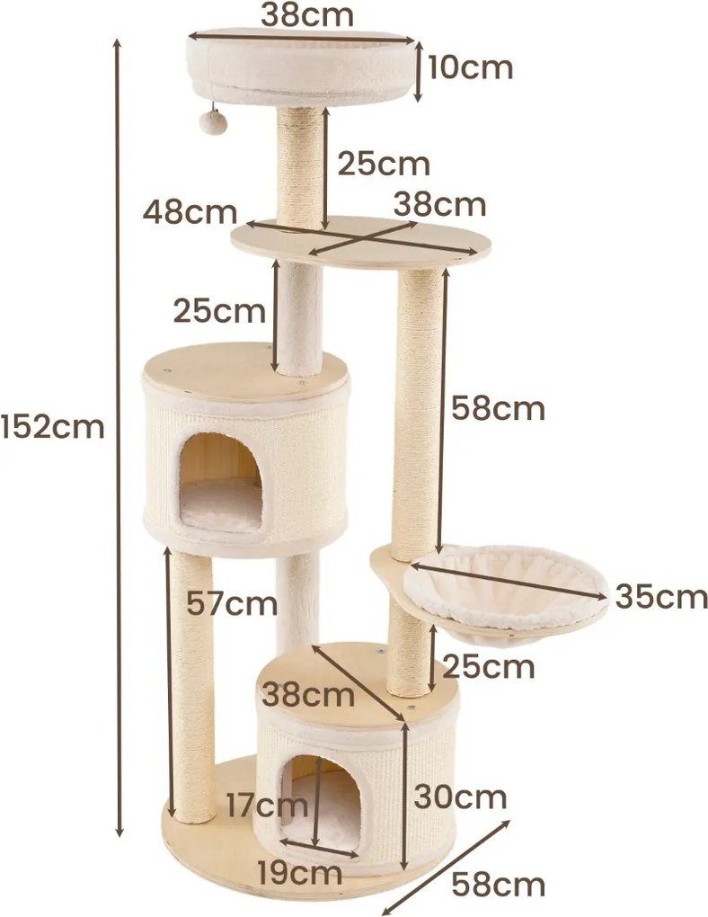 Arranhador para gatos 58 x 152 cm com postes de sisal e tapete 2 cavernas, Brinquedo suspenso Almofada lavável de pelúcia para interior Natural