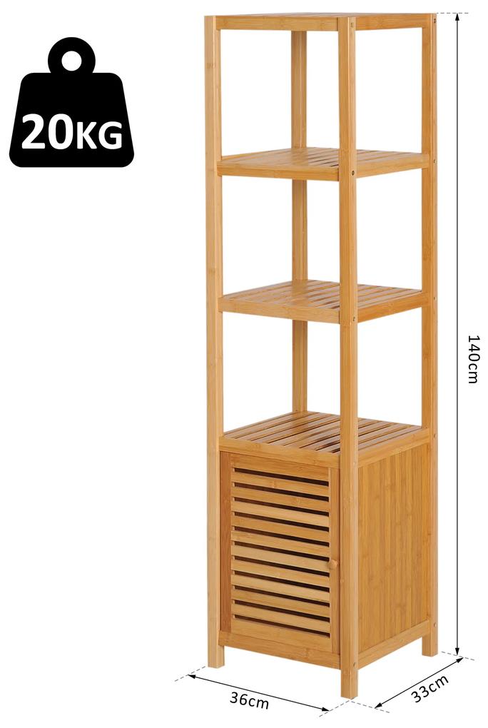 Estantes de bambu para o banheiro Armário alto Livraria Organizador 4 Níveis 1 Porta 36x33x140cm