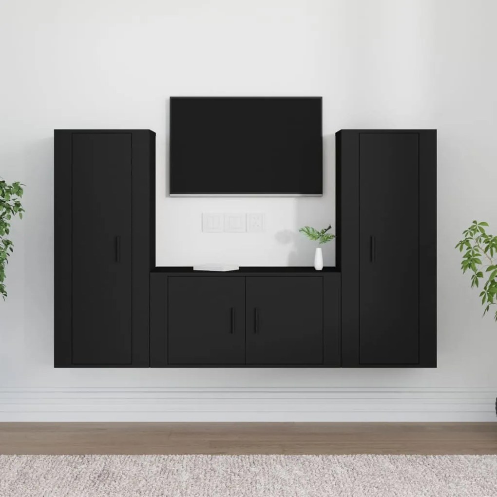 vidaXL Conjunto móveis de TV 3 pcs madeira processada preto