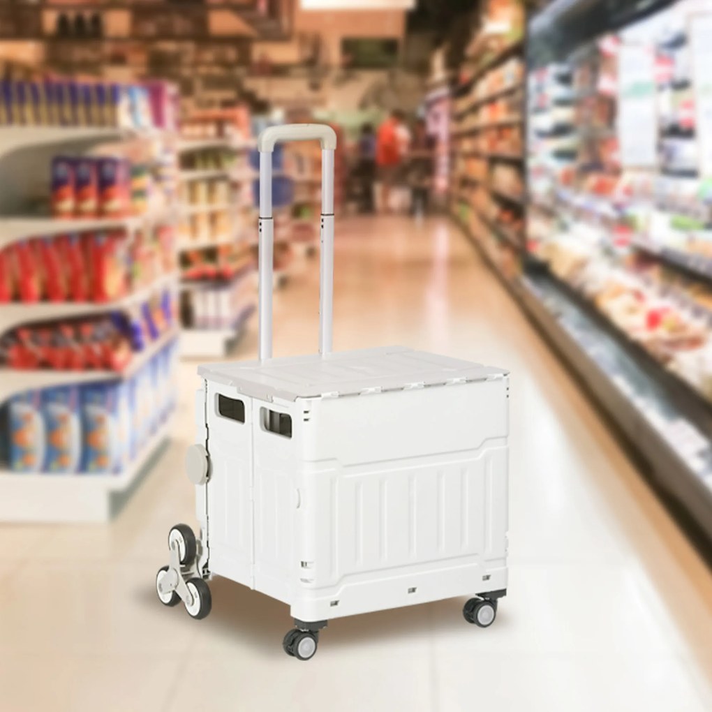 Carrinho de compras dobrável com pega telescópica ajustável e tampa, capacidade máxima de 80 kg, branco