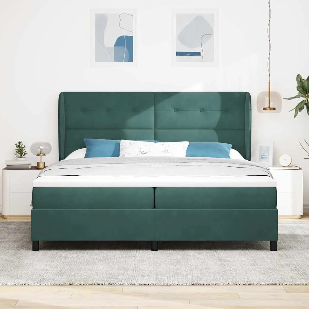 Cama Box com Colchão Verde Escuro 200x200 cm, em Veludo
