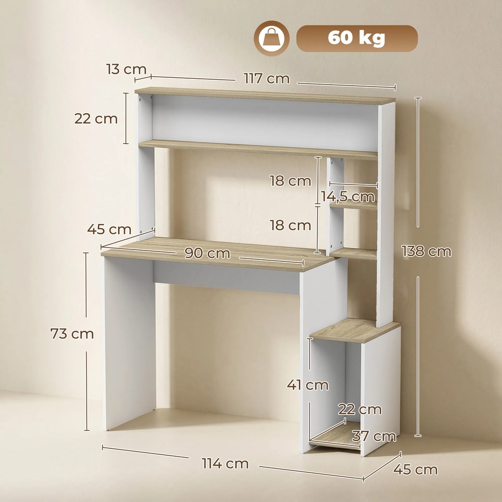 Secretária para computador, 114 x 45 x 138 cm, secretária com arrumação, prateleiras abertas e suporte para o computador, branco e natural