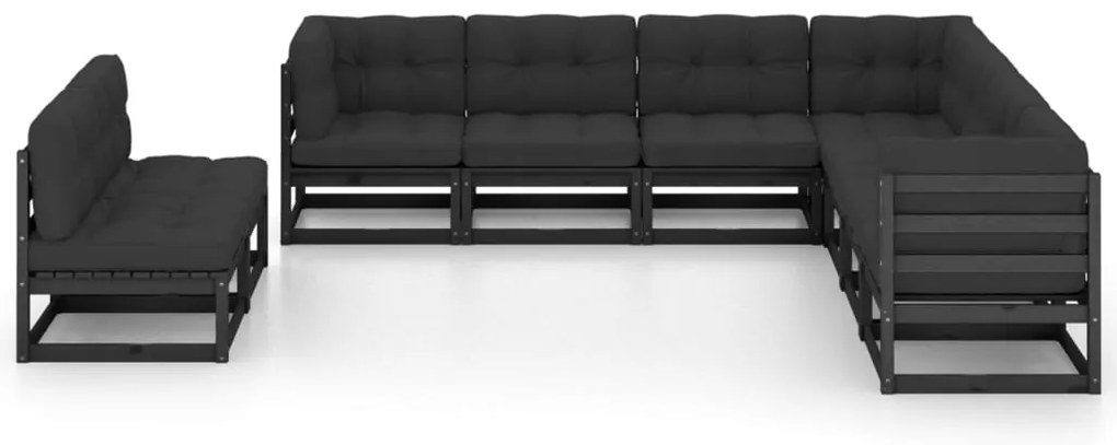 9pcs conjunto longue de jardim c/ almofadões pinho maciço preto