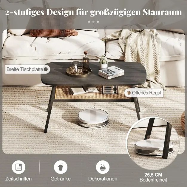 Mesa de centro em madeira para sala de estar com prateleira em rattan 100 x 55 x 44,5 cm Cinza escuro e natural