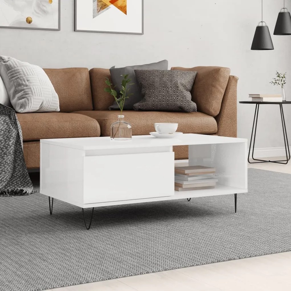 vidaXL Mesa de centro 90x50x36,5 cm derivados madeira branco brilhante