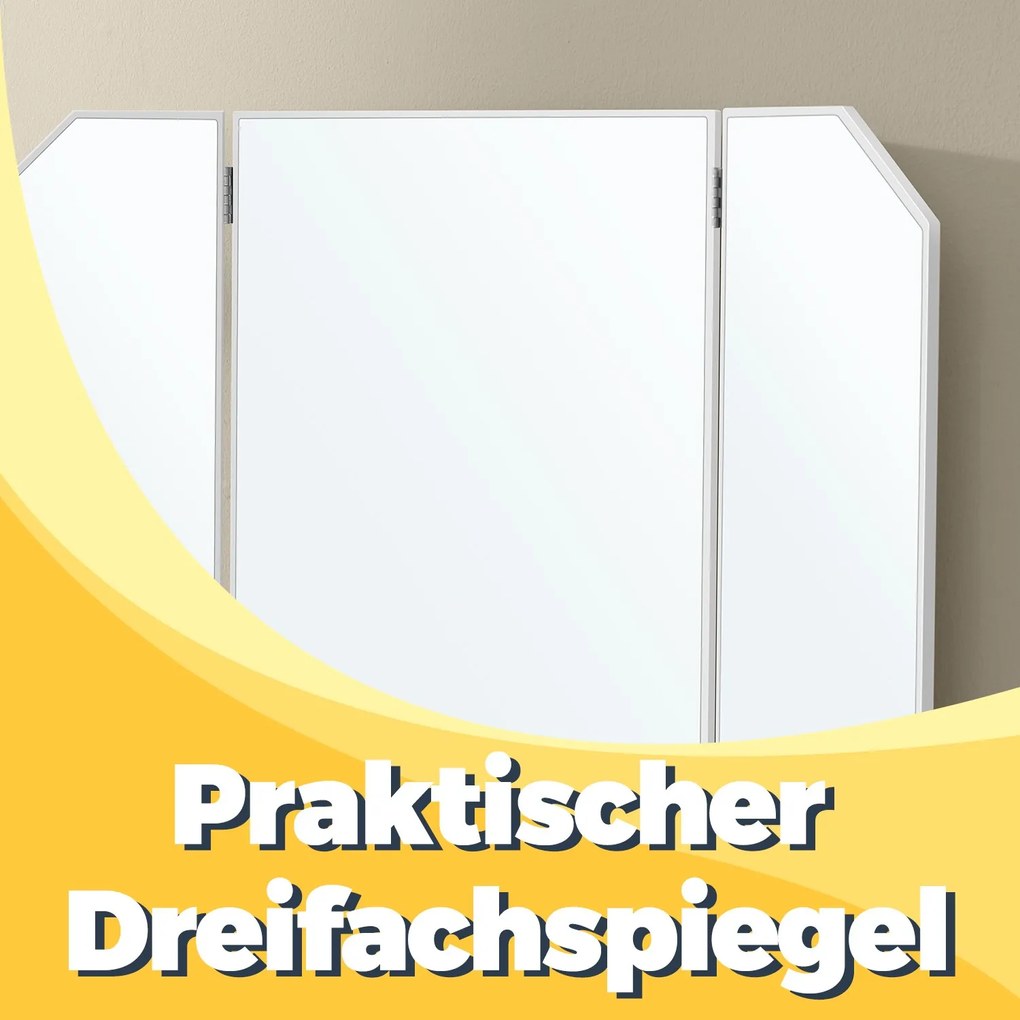 Toucador com espelho rebatível 40 x 100 x 140 cm e 2 gavetas e com 3 compartimentos abertos branco