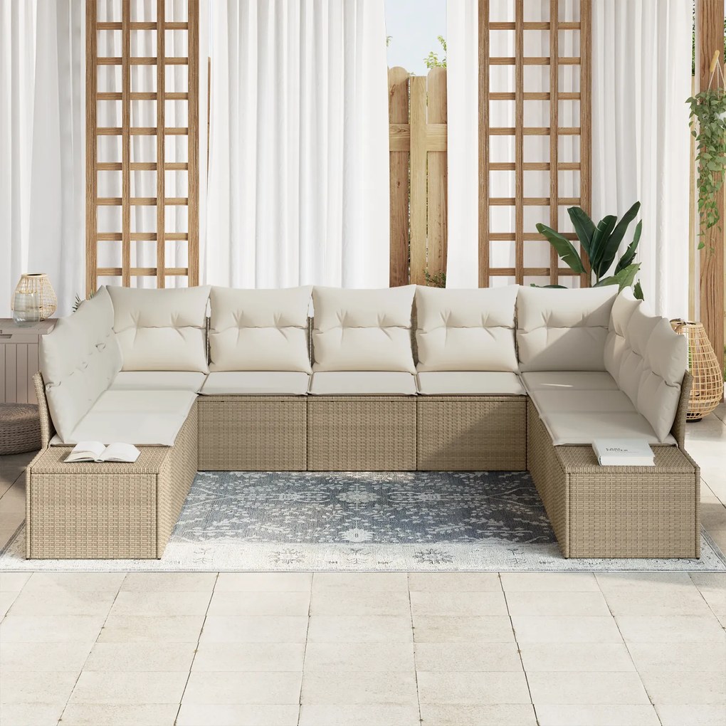 Conjunto de Sofá de Jardim 9 Peças com Almofadas Bege Rattan Poliéster