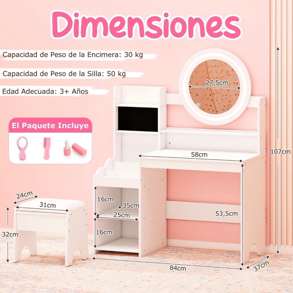 Toucador infantil com espelho e luzes para princesas, com estantes e ranhuras para anéis e banquinho branco