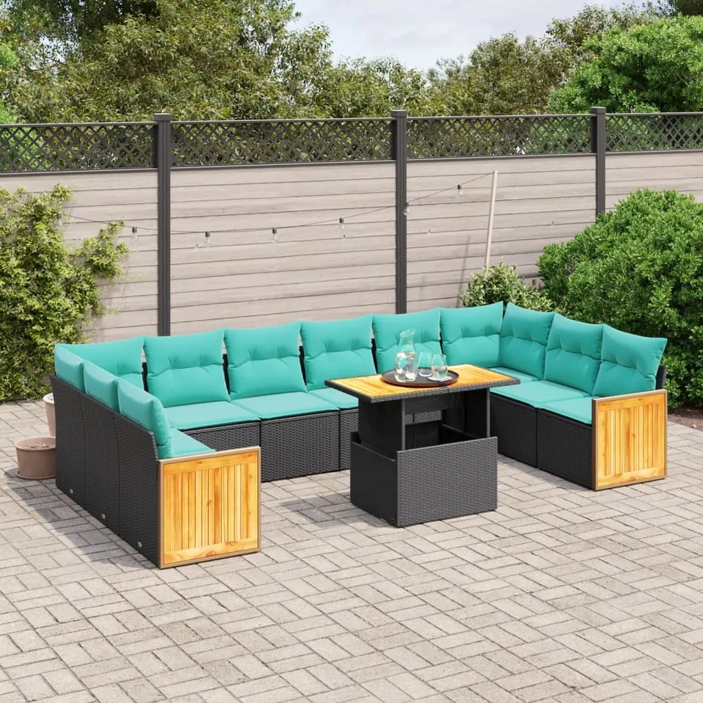 vidaXL 11 pcs conjunto sofás de jardim c/ almofadões vime PE preto