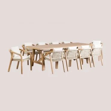 Conjunto De Mesa Retangular (260x100 Cm) E 10 Cadeiras De Jardim Em Madeira De Acácia Dubai Castanho Acácia Rústico & Tecido Gardénia Branco - Sklum