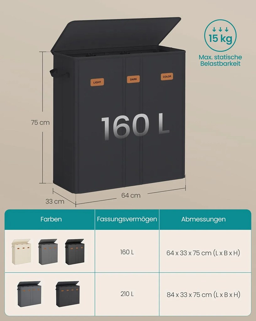 Cesto para roupa suja com três compartimentos (160 L) 64 x 33 x 75 cm Preto