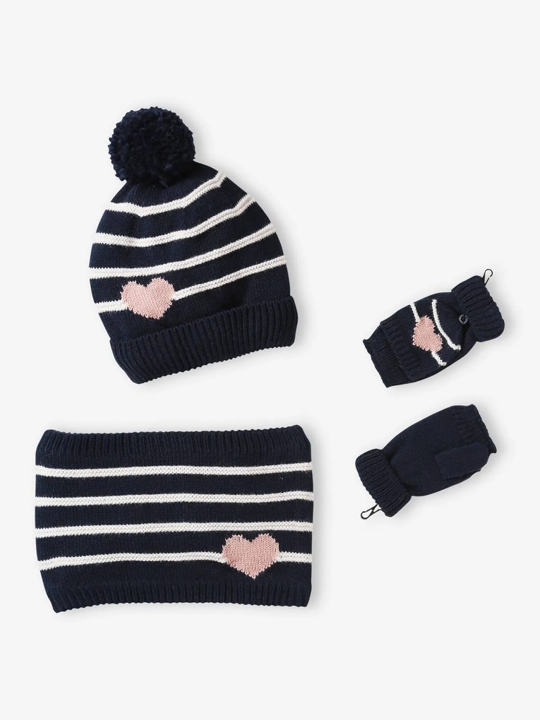 Agora -25% | Conjunto gorro + gola snood + luvas de polegar/mitenes às riscas/coração, para menina marinho