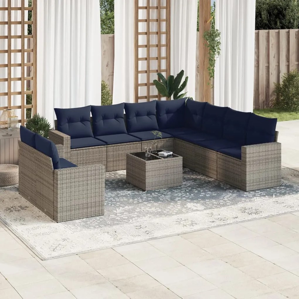 vidaXL 10 pcs conjunto sofás p/ jardim c/ almofadões vime PE cinzento