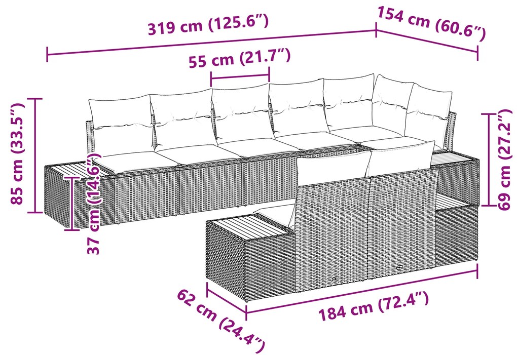 Conjunto de Sofá de Jardim com 8 Peças e Almofadas - Vime Poliéster Pr