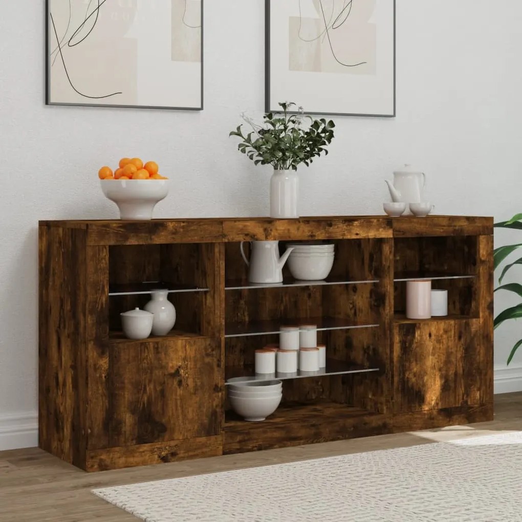 Aparador com luzes LED 142,5x37x67 cm carvalho fumado